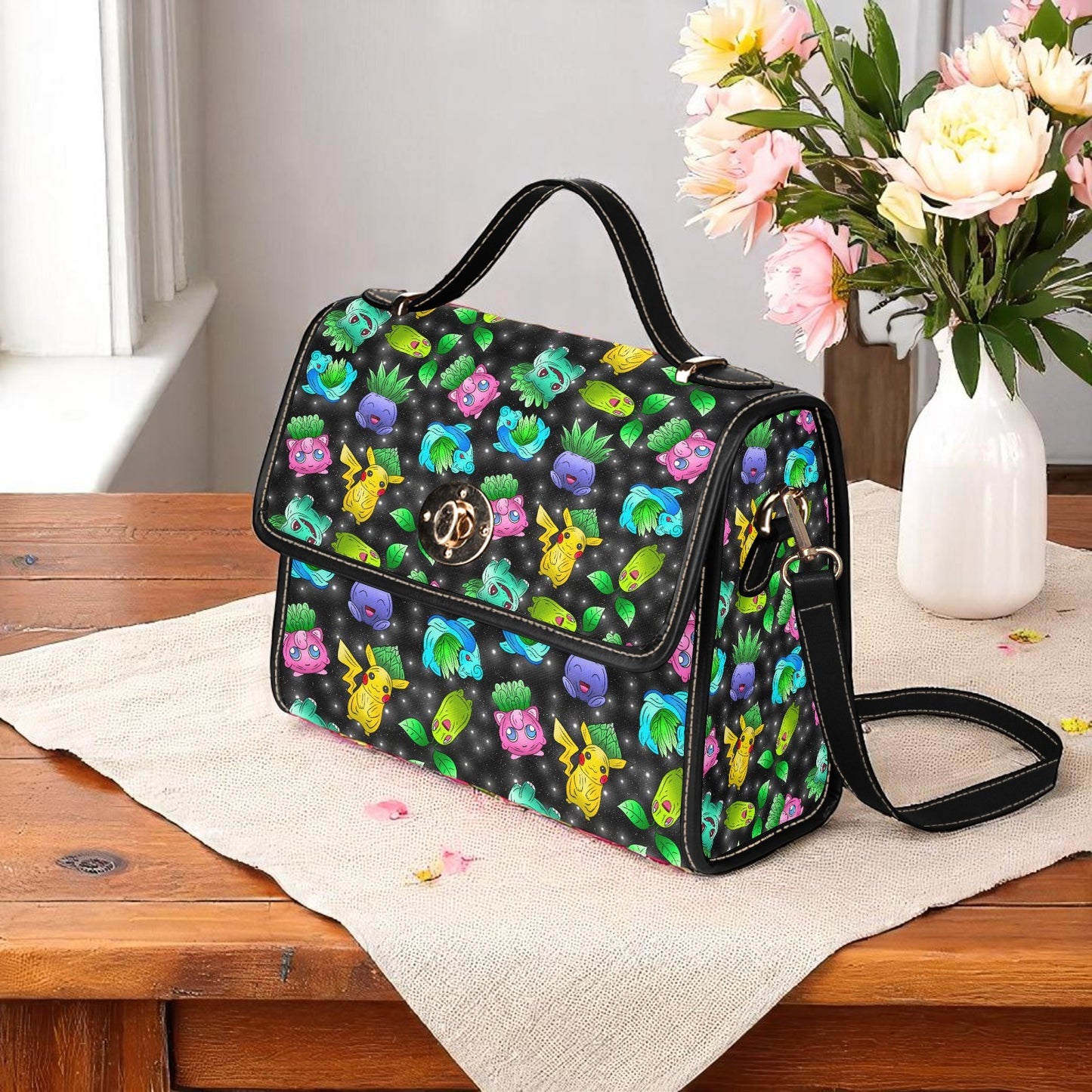Space-themed pocket monster handbag with galaxy background - adjustable shoulder strap with magnetic closure