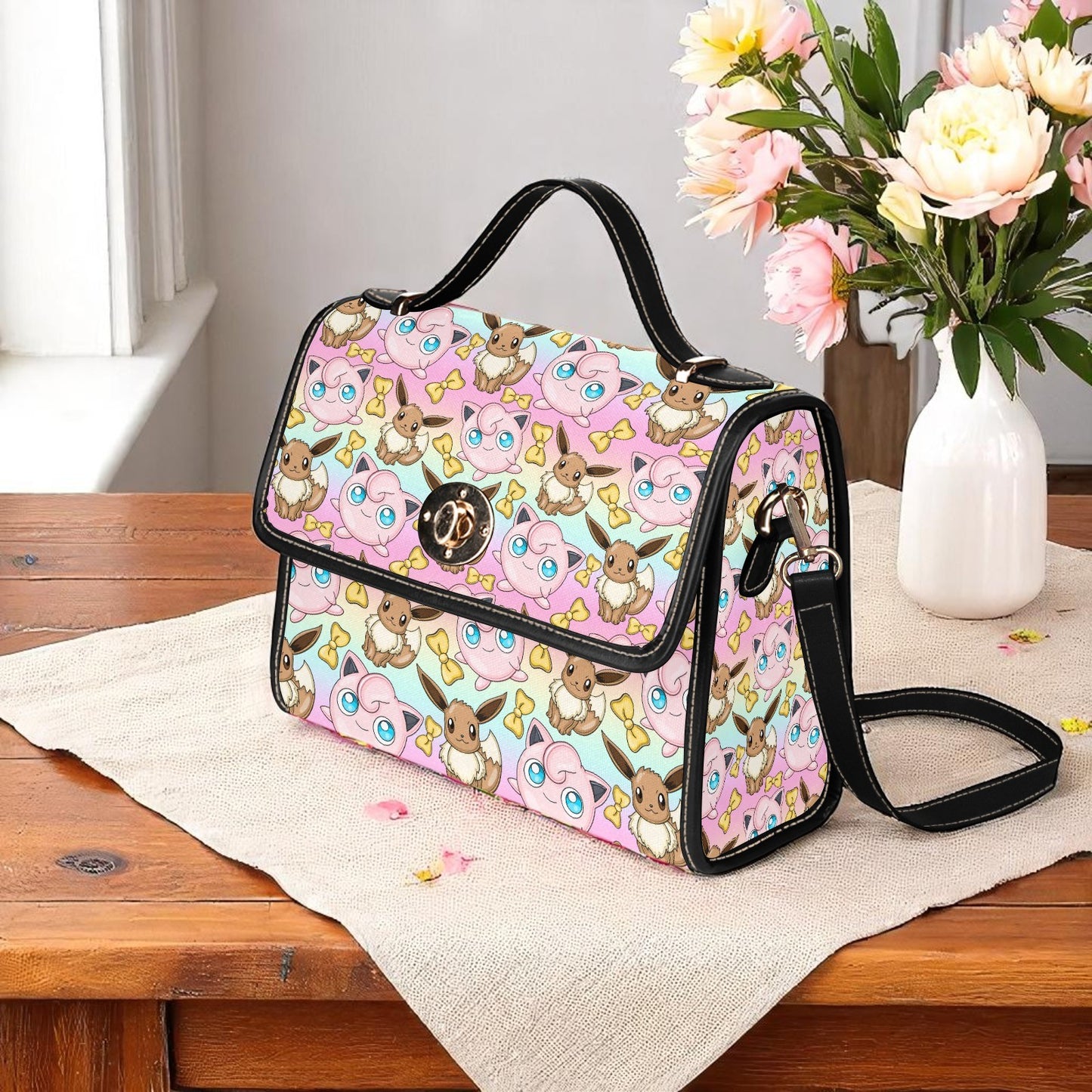 Pastel rainbow handbag featuring adorable pocket friends on soft multicoloured background - adjustable shoulder strap with magnetic closure