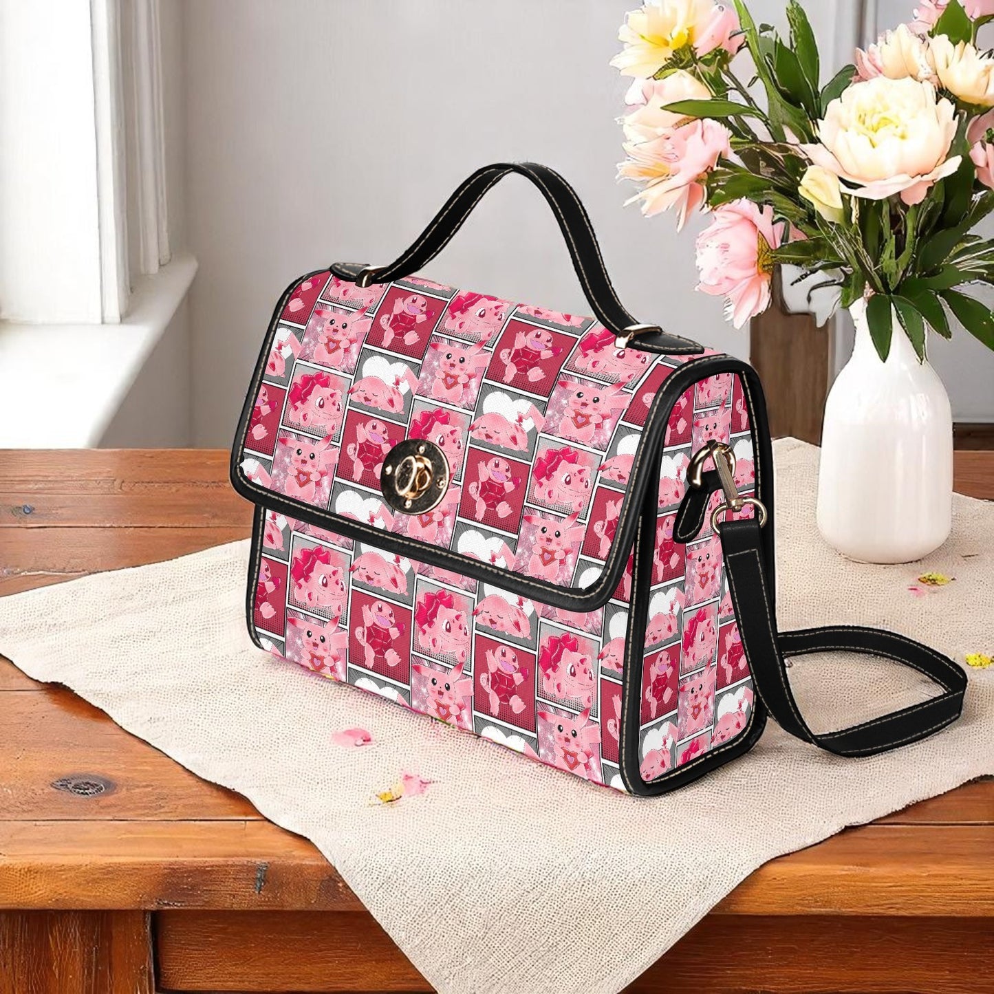 Pink patchwork character handbag - structured top handle bag with cute kawaii design