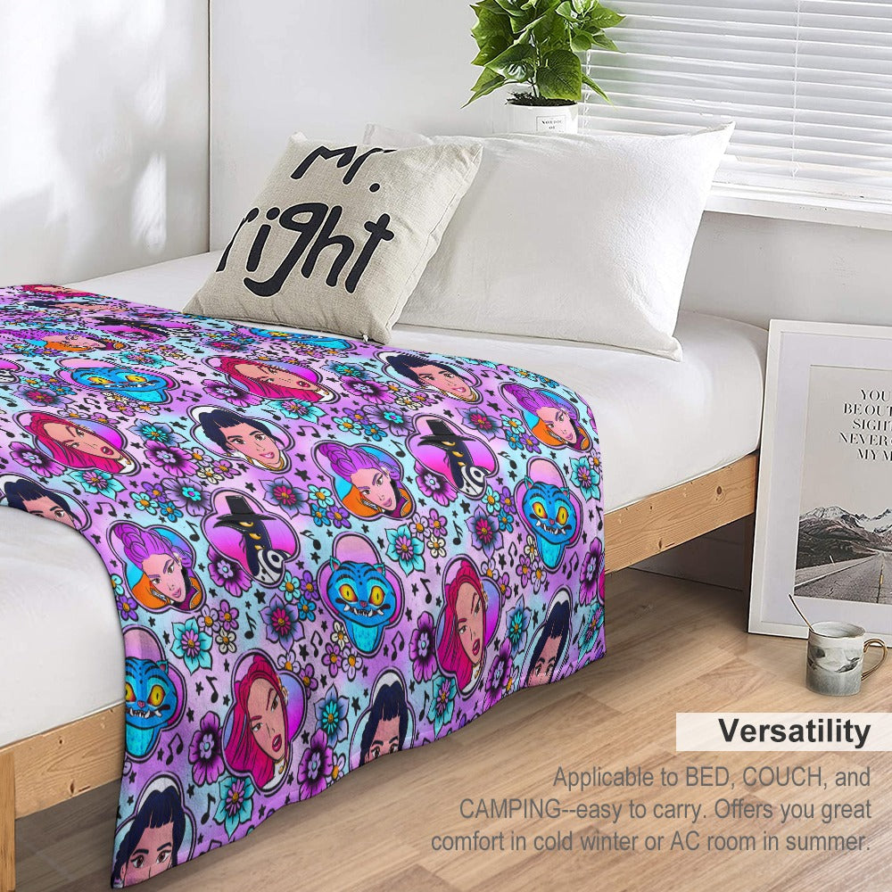 Premium K-Pop Demon Hunter Flannel Blanket - Anime & Music Inspired Comfort Throw 🛋️⭐